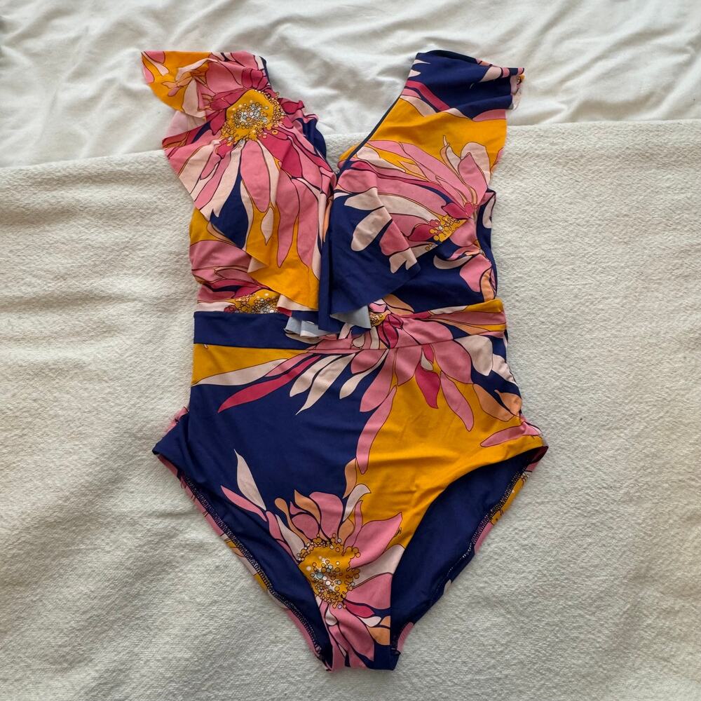 Trina Turk Pink, Yellow & Navy Floral One-Piece Swimsuit